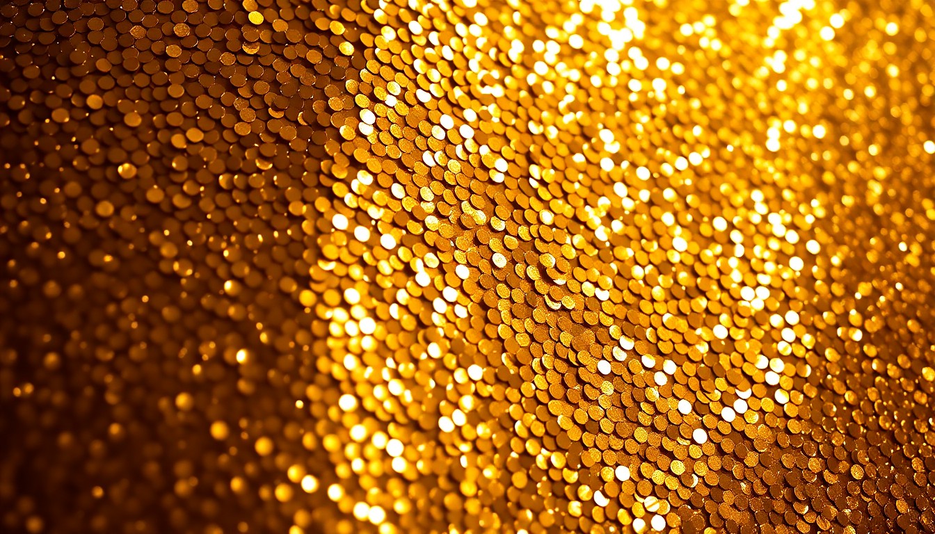 An extreme close-up photograph of a shimmering, glittering gold sequin texture, reflecting dramatic studio lighting to create a high-fashion, luxury aesthetic that conceptually represents the partnership between Jameson Irish Whiskey and Latin music superstar J Balvin.