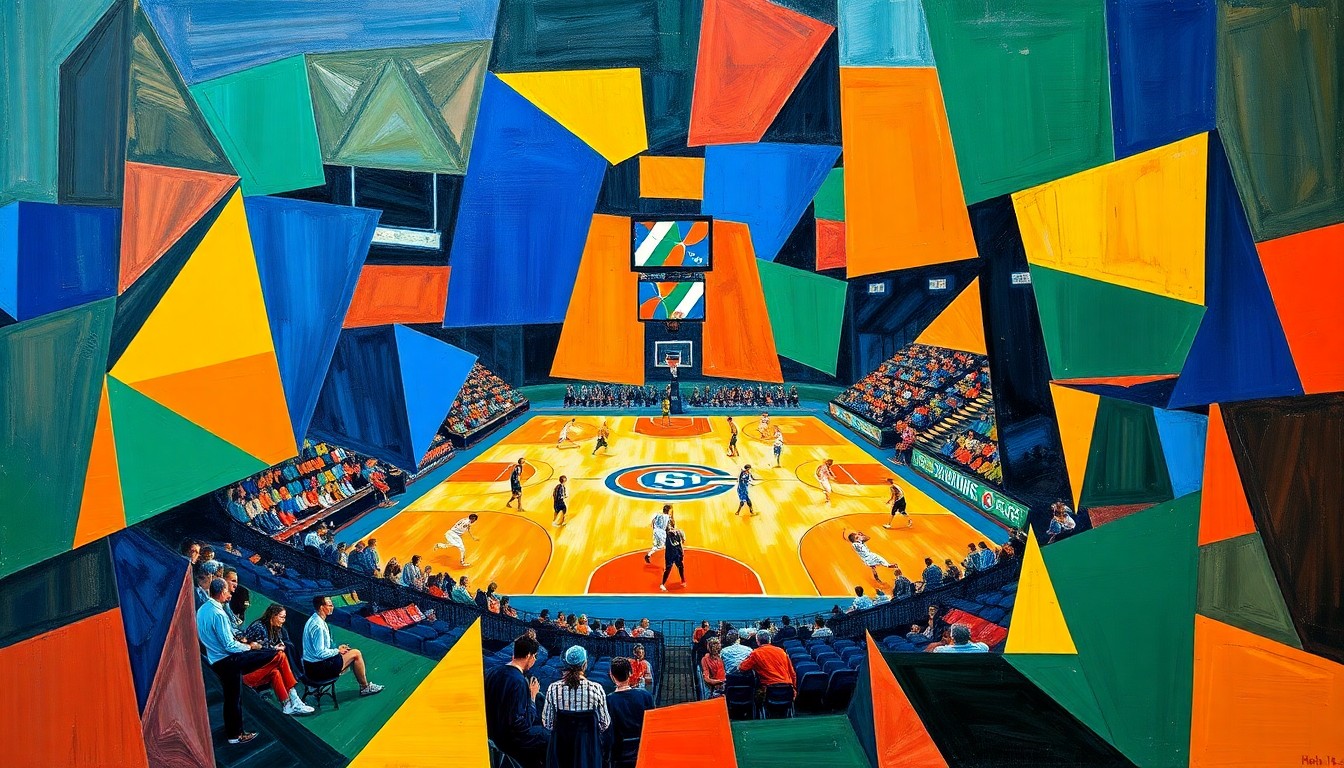A cubist, geometric painting depicting the chaotic energy and multiple perspectives of a college basketball game, with sharp planes of color and overlapping shapes representing the dynamic action on the court.