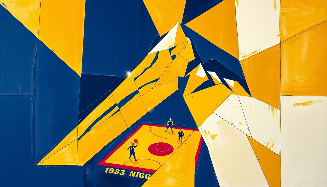A fragmented, geometric painting in shades of navy, gold, and white, capturing the dynamic movement and energy of a basketball game in an abstract, cubist style.