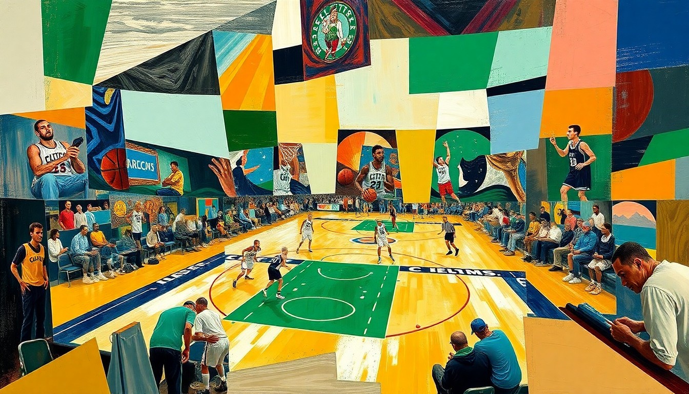 A cubist, geometric painting depicting basketball players in motion, with sharp, overlapping planes of color and form representing the fragmented nature of the Celtics' injury situation.