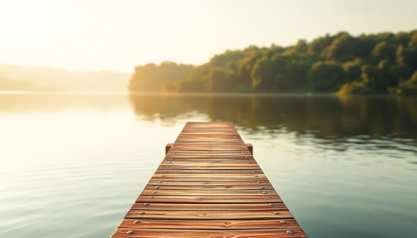 An abstract, out-of-focus photograph featuring a wooden dock extending into a calm body of water, surrounded by lush greenery and a hazy horizon, conveying a serene and atmospheric mood through the use of warm, soft tones.