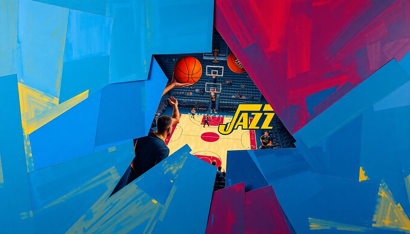 A fractured, multi-perspective painting depicting a basketball game, with the players and court broken down into sharp, overlapping geometric shapes in vibrant colors like royal blue, wine red, and golden yellow.