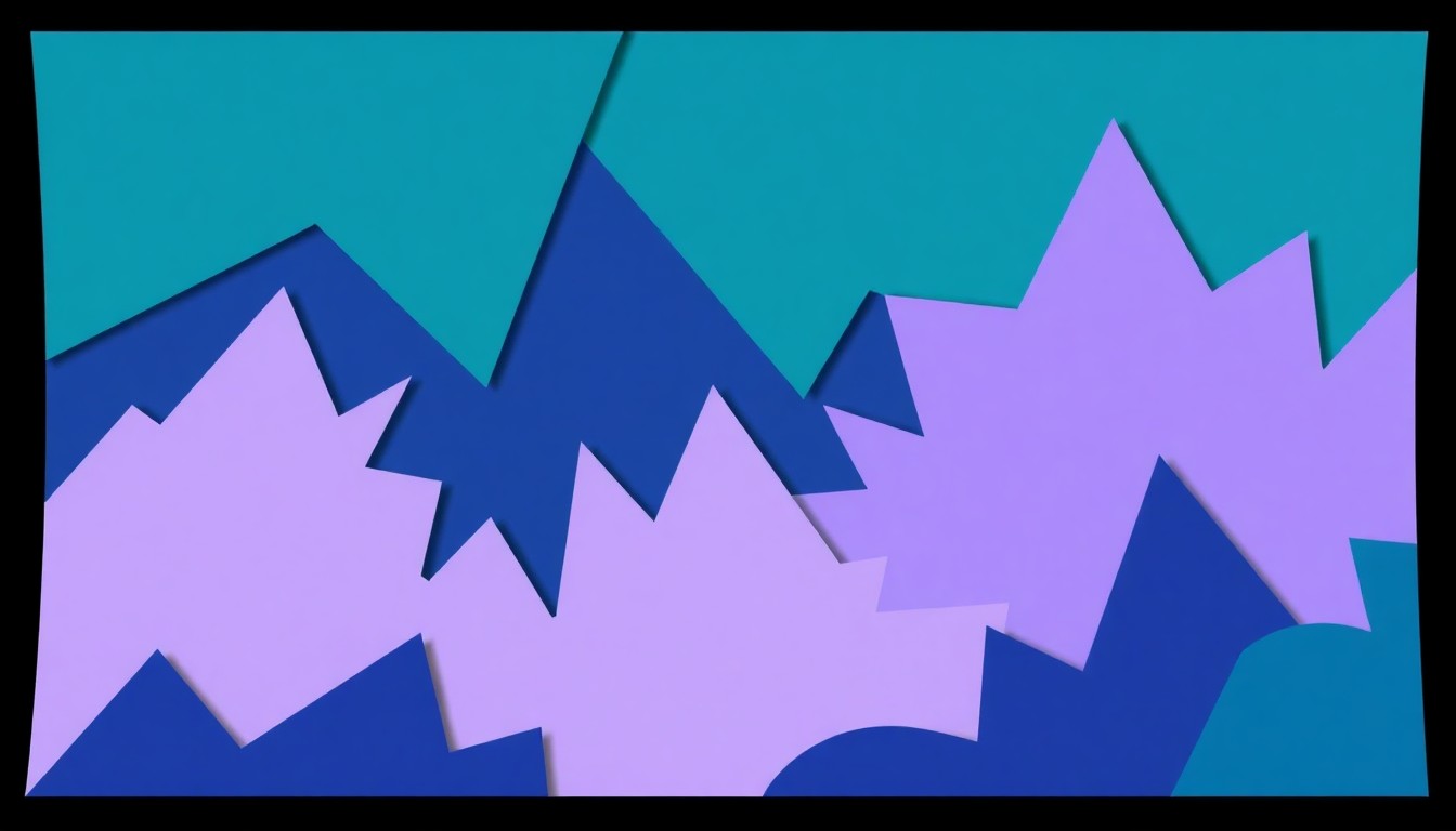 An abstract, minimalist illustration composed of sharp, angular shapes in shades of blue and purple, conveying the imaginative and theatrical nature of a ballet performance.