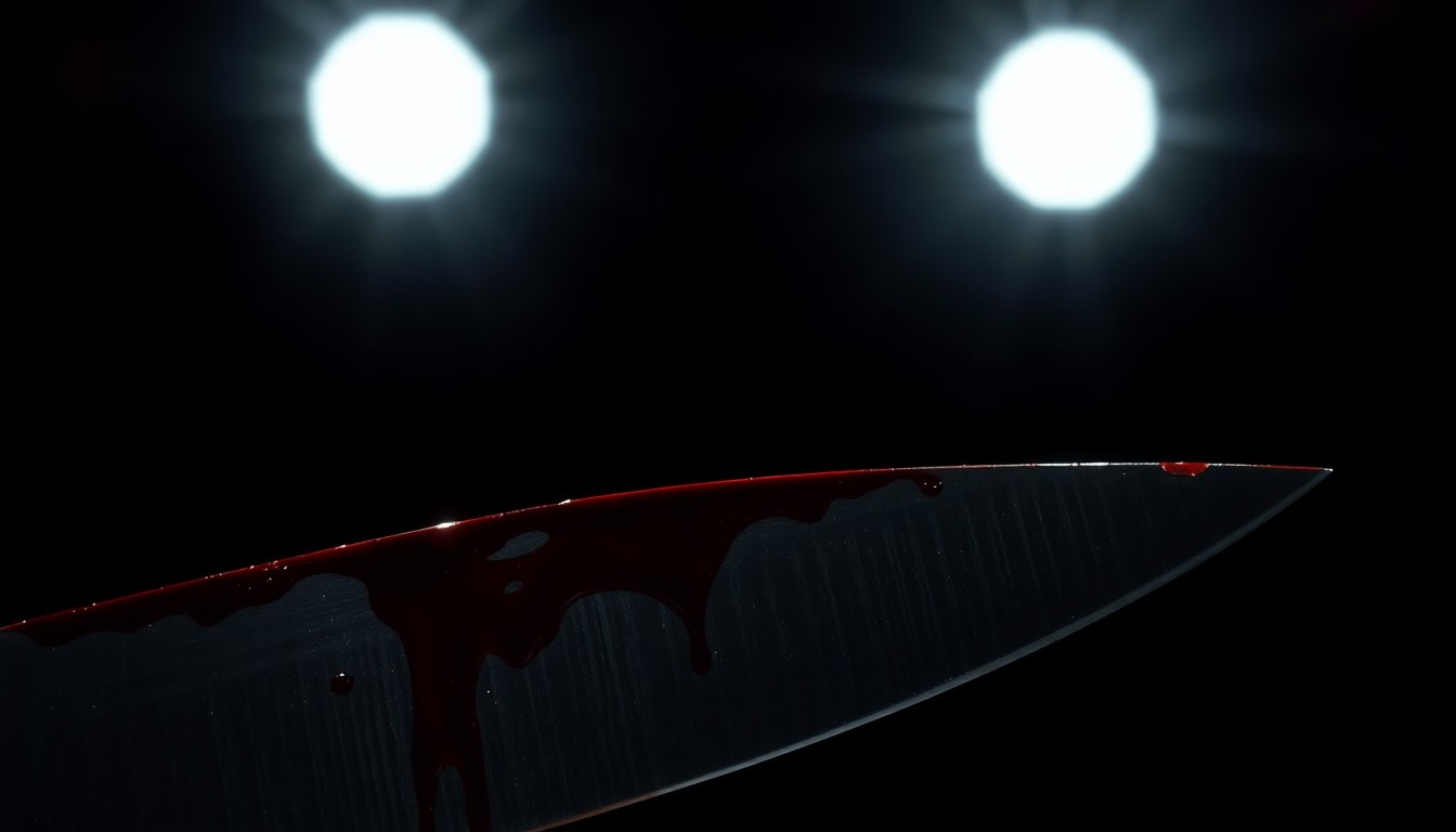 An extreme close-up of a shiny, bloodied knife blade against a dark background, conceptually representing the violence of the stabbing incident in Trafford.