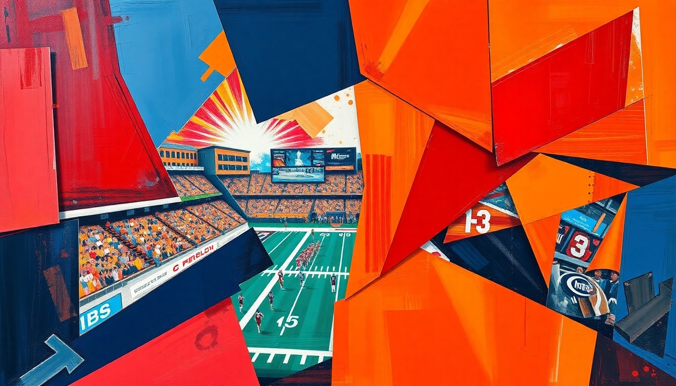 A cubist, geometric painting depicting the dynamic recruiting battle between Tennessee and Texas for the commitment of a top wide receiver prospect, with overlapping planes of crimson, orange, and navy blue.