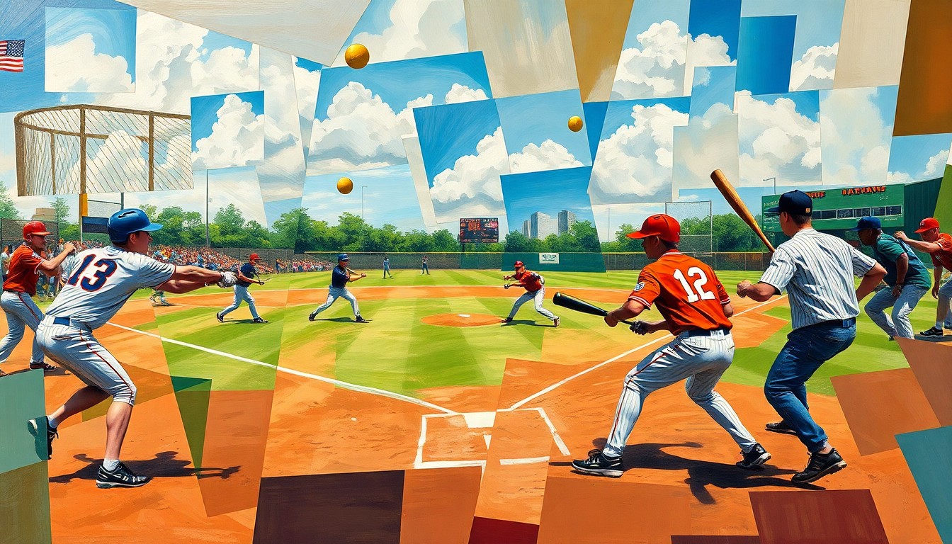 A fragmented, geometric painting depicting the dynamic action of a high school softball game, with players, bats, and balls rendered in an abstract, cubist style.