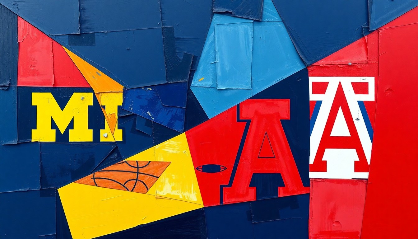 A cubist, geometric painting featuring overlapping planes of blue, maize, red, and navy, conceptually representing the energy and action of a college basketball game.