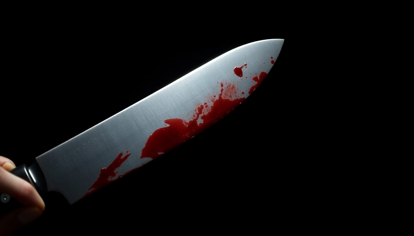 An extreme close-up of a bloodied knife blade, the harsh flash illuminating the sharp metal edge and dried crimson stains in stark contrast against the pitch-black background, conceptually representing the violent crime that occurred in Bailey's Crossroads.