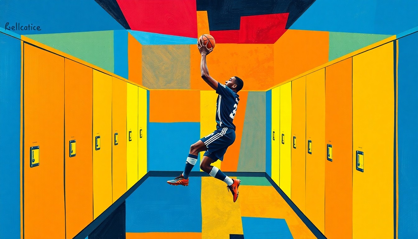 A cubist, geometric painting depicting Kylian Mbappe's basketball trick shot in an abstract, fragmented style, capturing the dynamic energy of the moment.