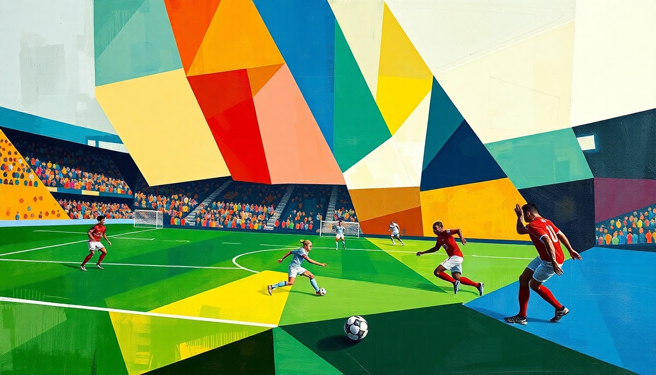 A fragmented, geometric painting in the style of Pablo Picasso, depicting an NWSL soccer match as a series of overlapping planes and shapes in vibrant colors, without any recognizable players or field markings.