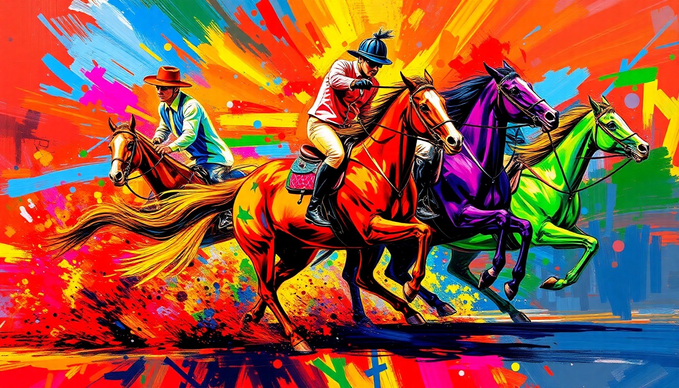 An abstract, energetic painting in neon colors depicting the rapid movements and athleticism of reining horses and riders, capturing the spirit of the sport without any identifiable individuals or logos.