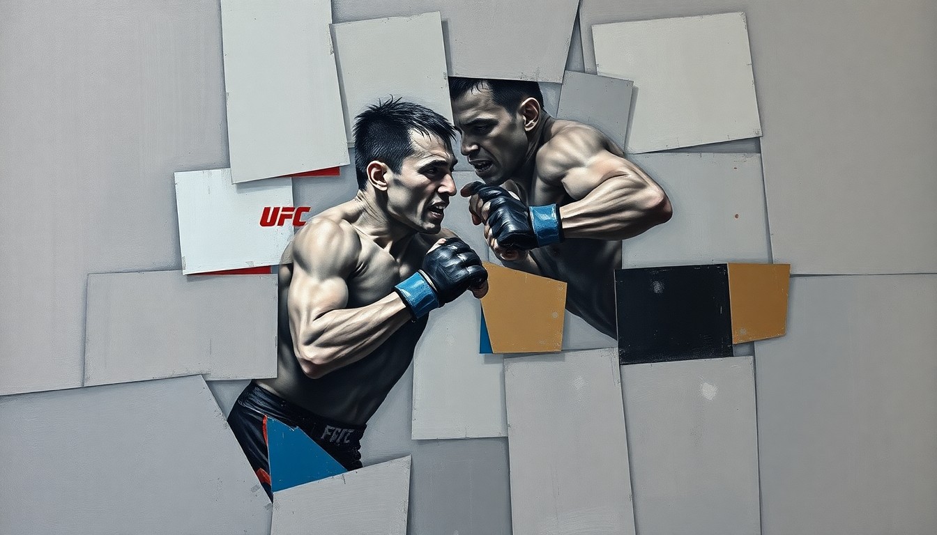A cubist-style painting featuring fragmented, overlapping geometric shapes in muted tones, conceptually representing the disruption of a UFC fighter's career due to political involvement.