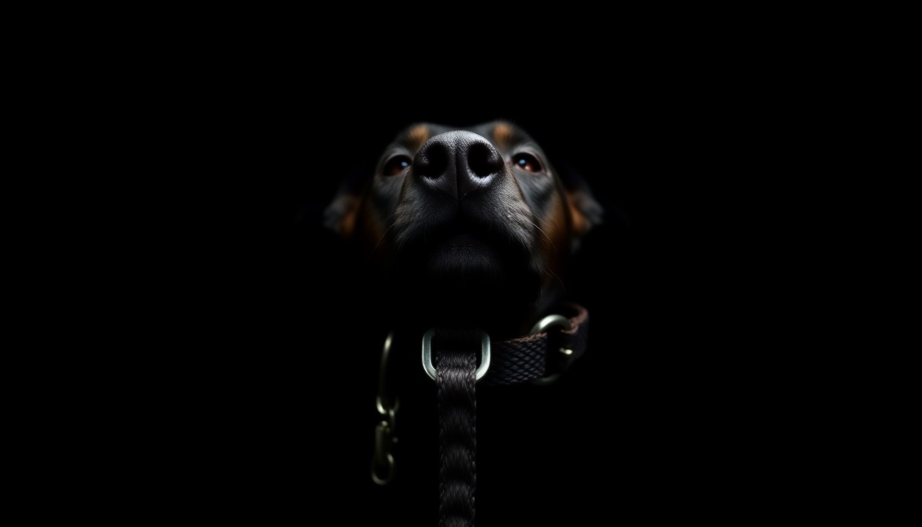 An extreme close-up photograph of a dog collar and leash, the metal hardware and worn fabric textures dramatically illuminated against a pitch-black background, conceptually representing the abandonment and neglect of the animals.