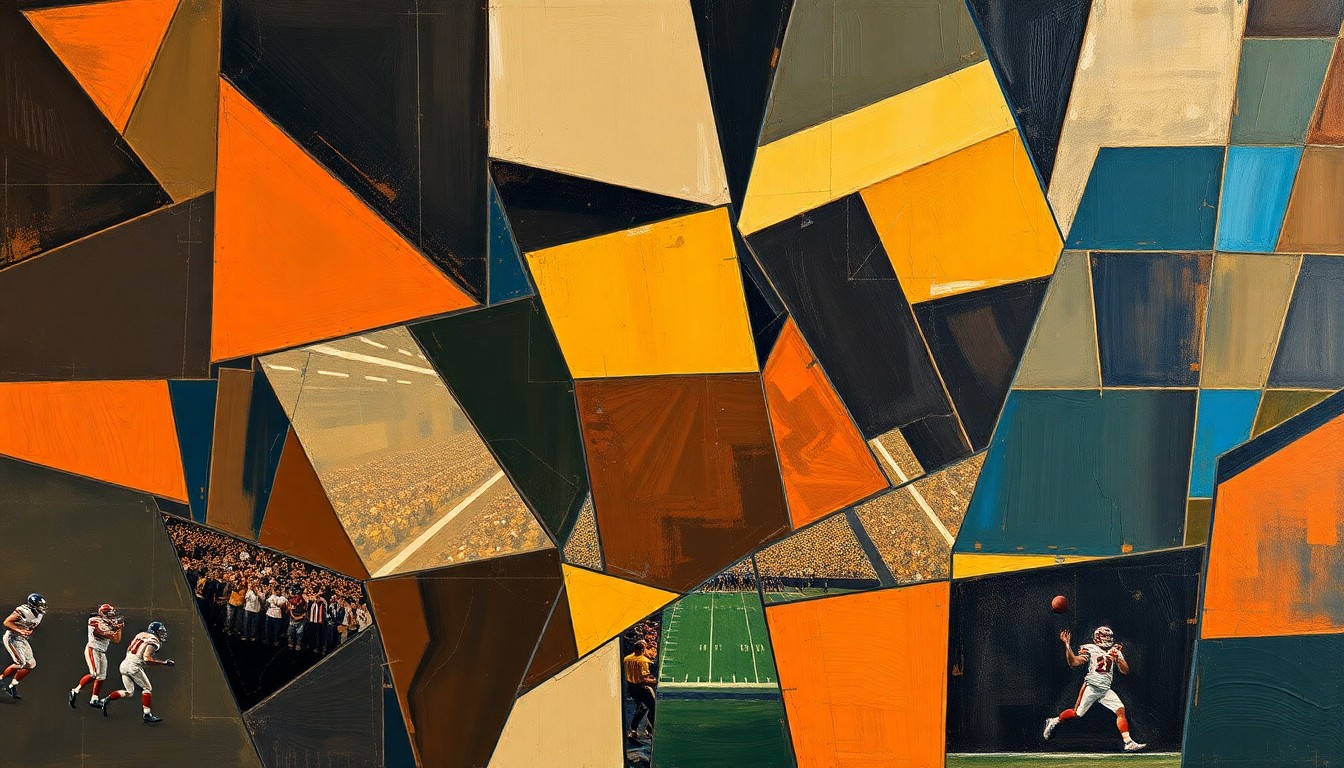 A fragmented, geometric painting depicting the complex factors the Cleveland Browns must weigh as they consider their options for the upcoming NFL Draft.