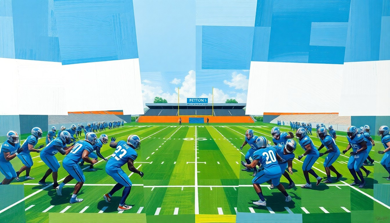 A cubist, geometric painting depicting a fragmented, multi-angled view of a Detroit Lions training camp practice, capturing the intensity and physicality of the session through sharp, overlapping shapes and planes of color.