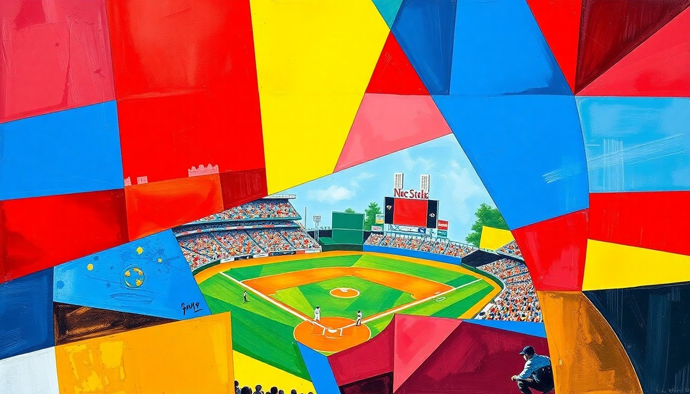 A cubist, geometric painting depicting a baseball game, with overlapping planes of bright primary colors representing the dynamic action on the field.