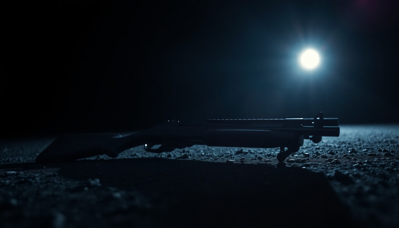 An extreme close-up photograph of a pellet rifle lying on the ground, the harsh flash creating a stark, gritty, investigative aesthetic that conceptually illustrates the sensitive nature of this officer-involved shooting incident.