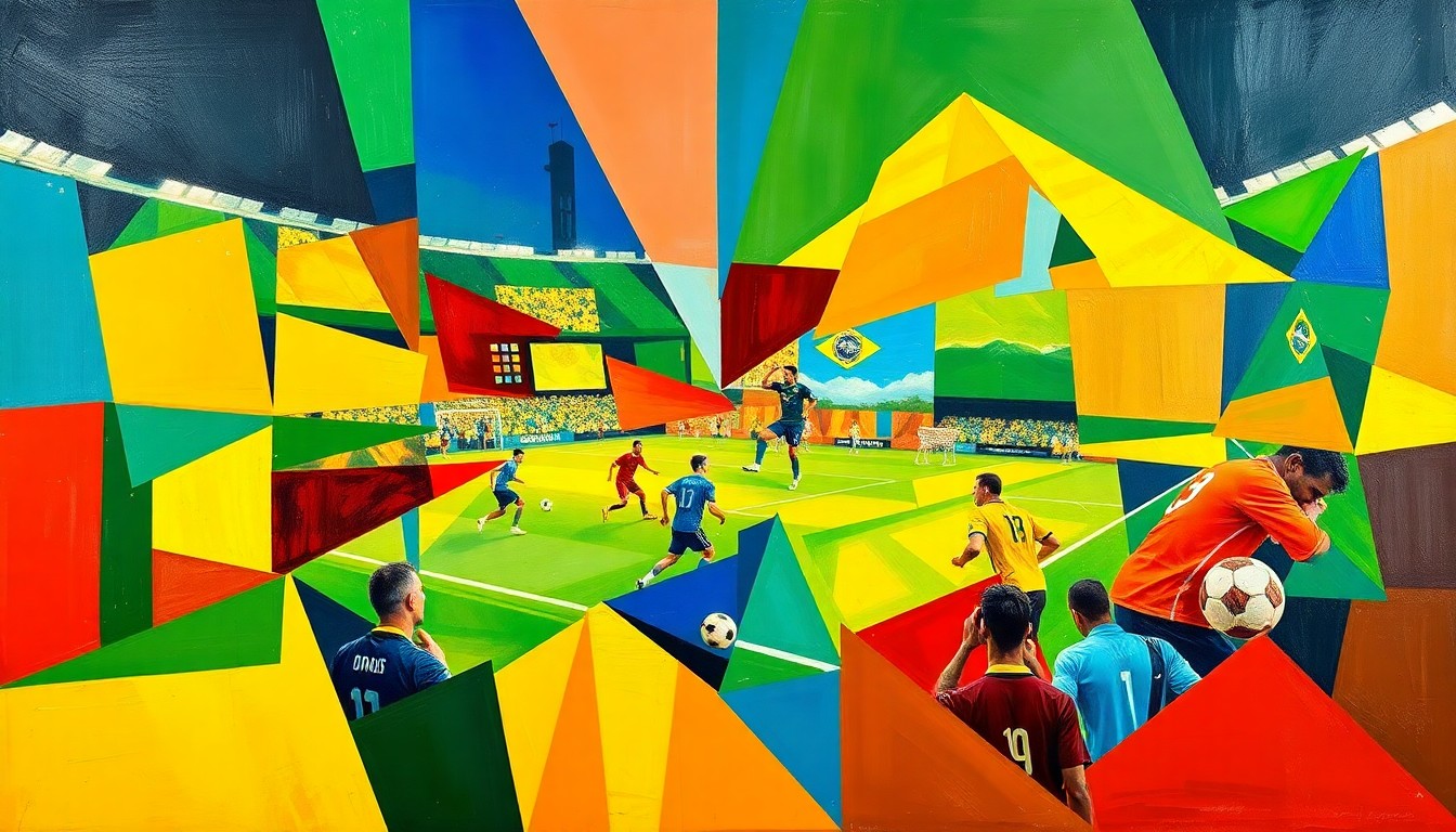 A fragmented, cubist-style painting depicting a Brazil national team soccer match or training session, with the players and field broken down into sharp, overlapping geometric shapes and planes in the team's signature yellow, green, and blue colors.