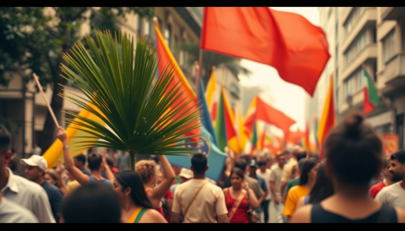 An abstract, impressionistic photograph showing a blurred crowd of people carrying colorful banners and palm fronds as they march down a city street, conveying a sense of community, faith, and social justice.