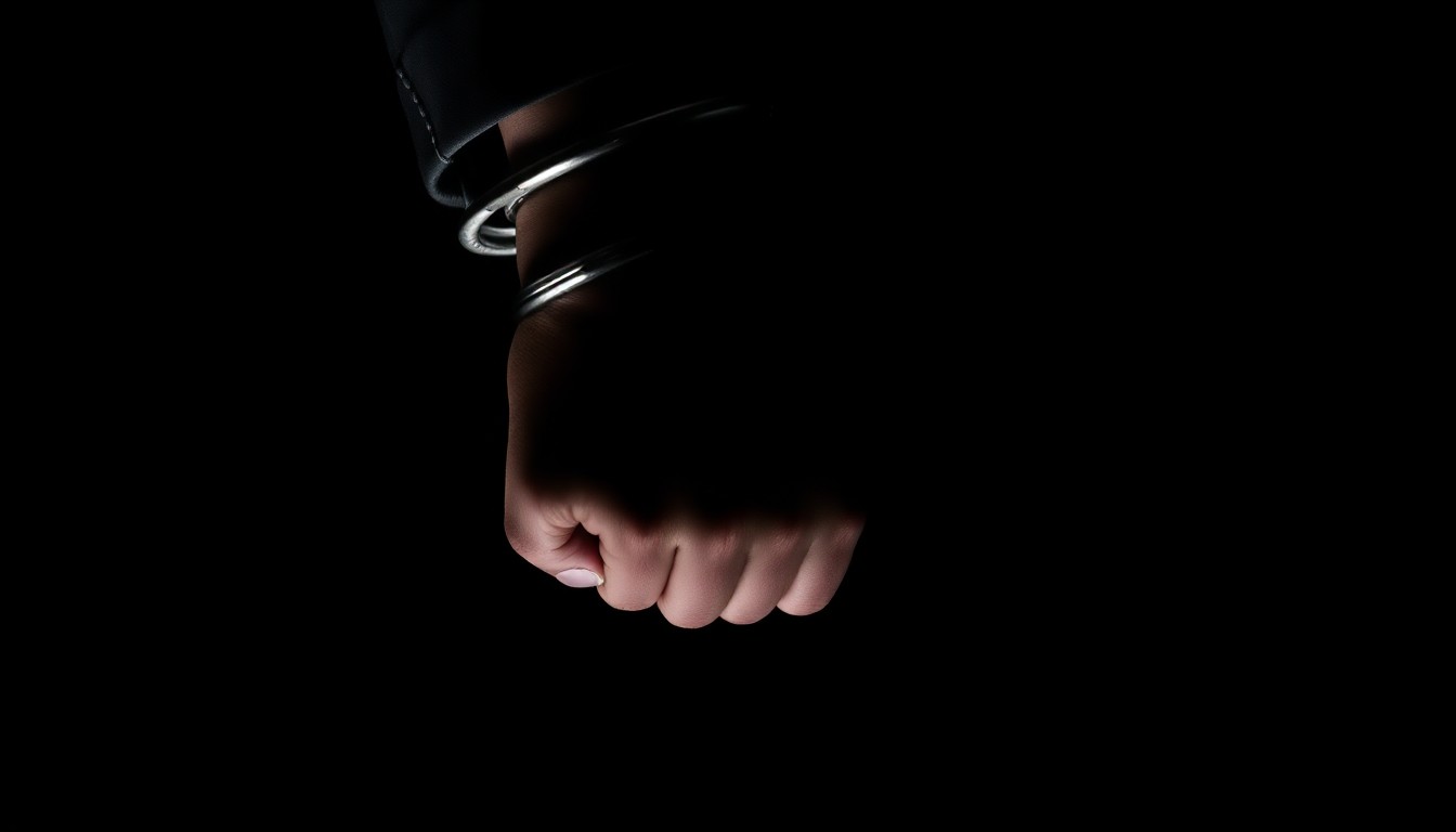 An extreme close-up photograph of a handcuffed wrist against a pitch-black background, conceptually representing the investigative nature of this crime story without depicting any violence or victims.