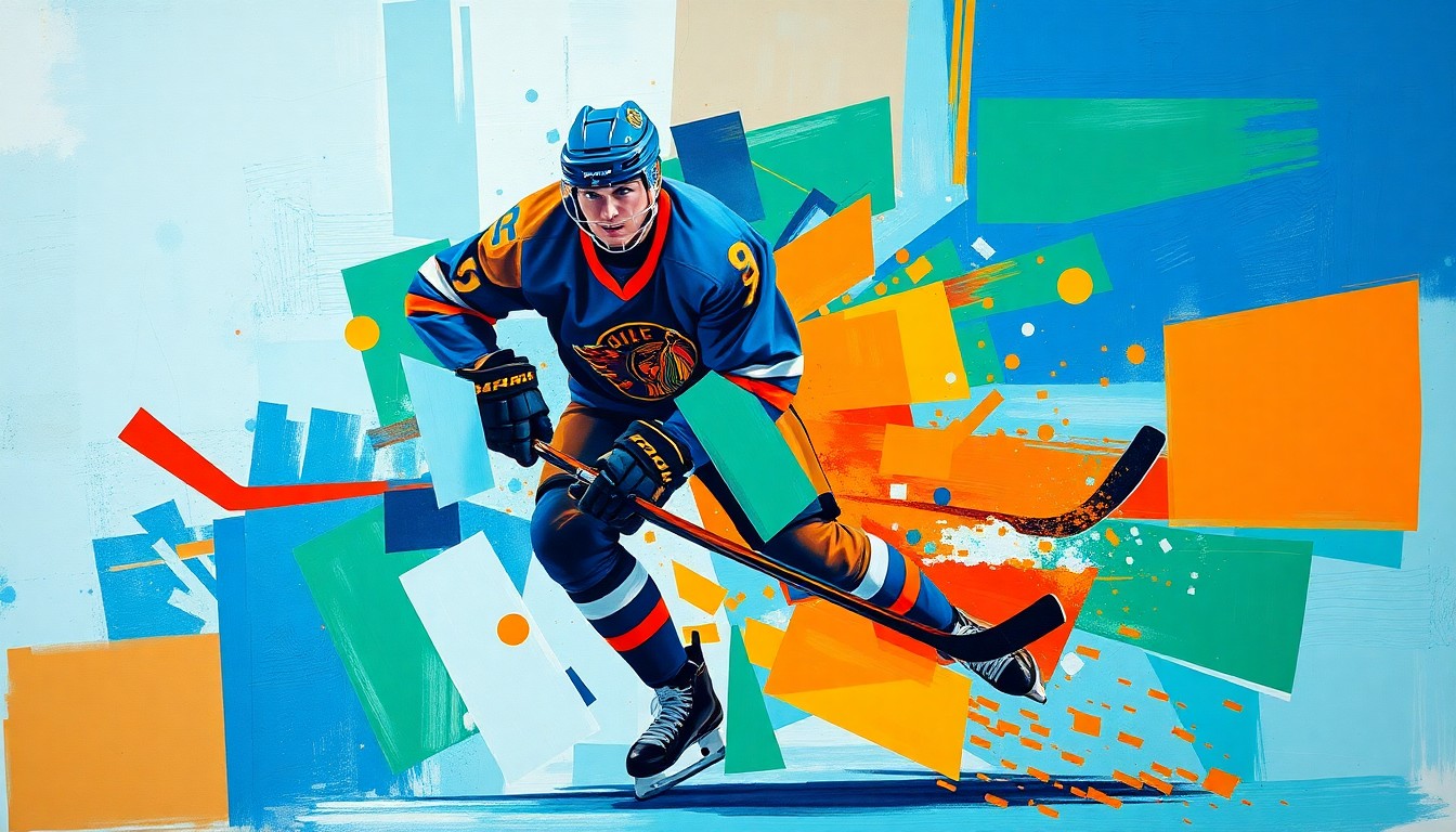 A fractured, multi-perspective painting depicting a hockey player's movements and actions, broken down into sharp, overlapping geometric planes in vibrant colors, capturing the energy and dynamism of the sport.