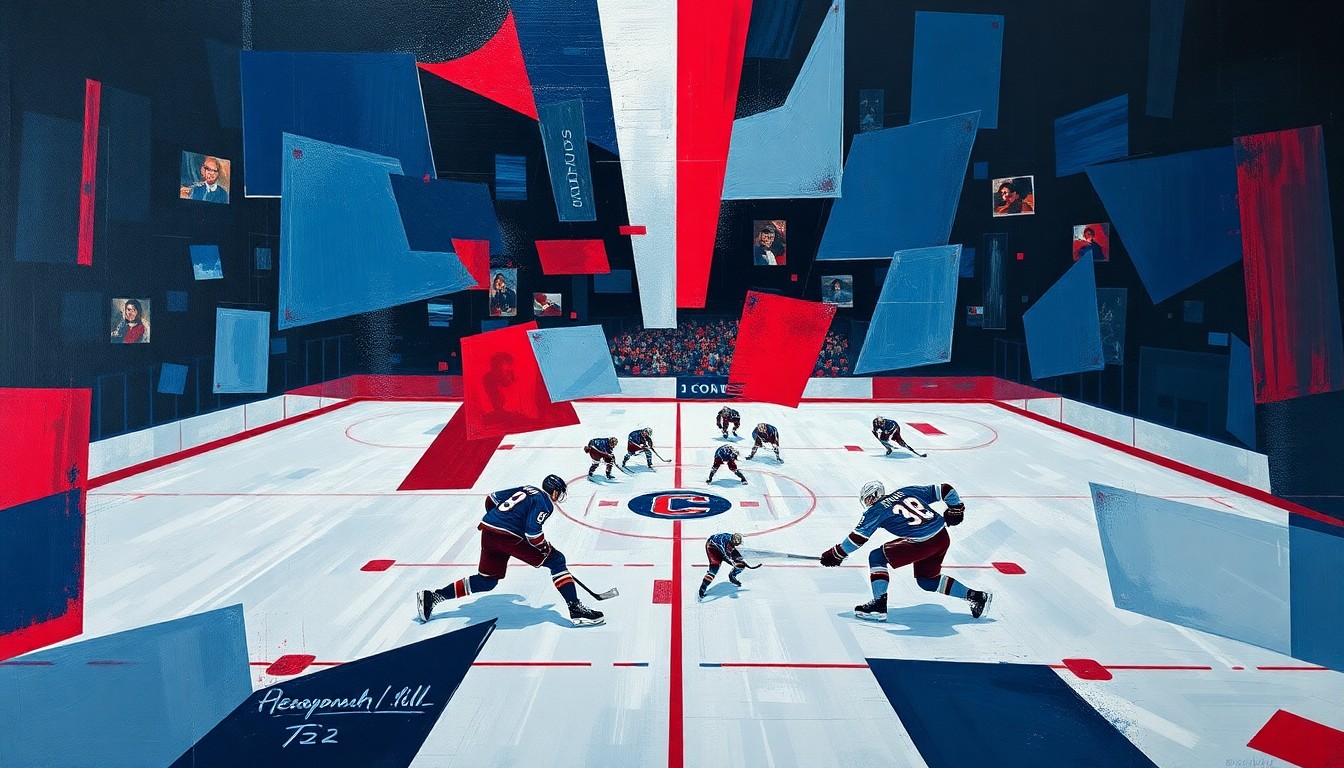 A cubist, geometric painting depicting a fragmented hockey scene, with sharp planes of navy, crimson, and silver overlapping to create a dynamic, abstract representation of the sport.