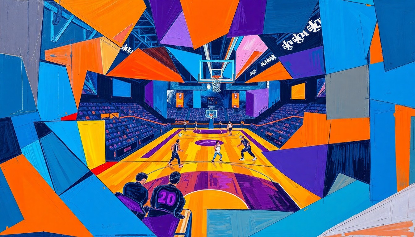 A cubist, geometric painting depicting the action of a basketball game, with sharp, overlapping planes of color representing the players' movements and the flow of the game.