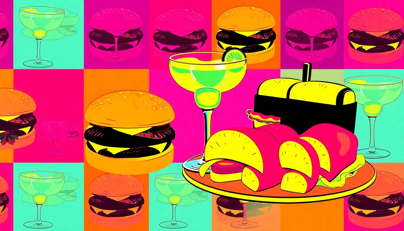 A brightly colored, high-contrast silkscreen print of an iconic payday dining item repeated in a tight grid, conceptually representing the enduring significance of these shared meals for Florida families despite economic pressures.