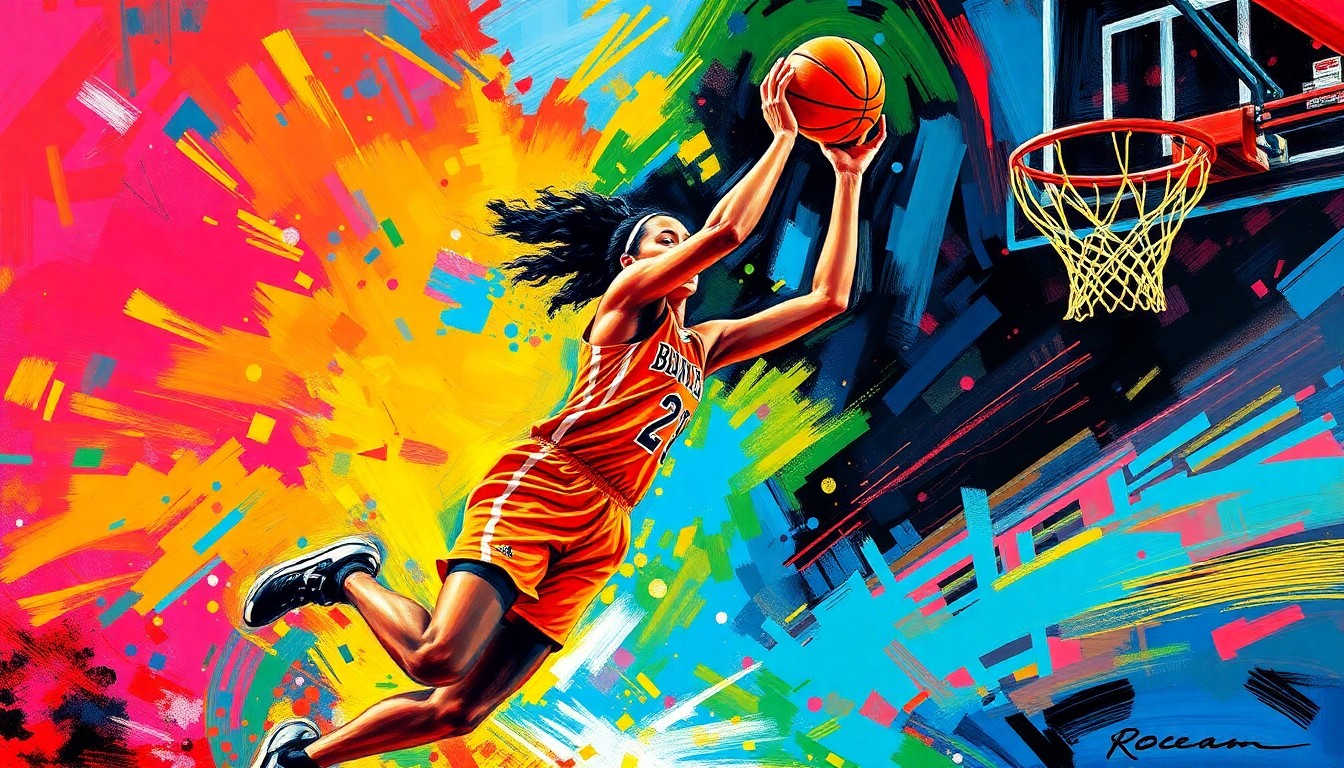 An abstract, energetic painting in neon colors depicting a basketball player driving to the hoop, their movements blurred and distorted, capturing the intensity and dynamism of the game.