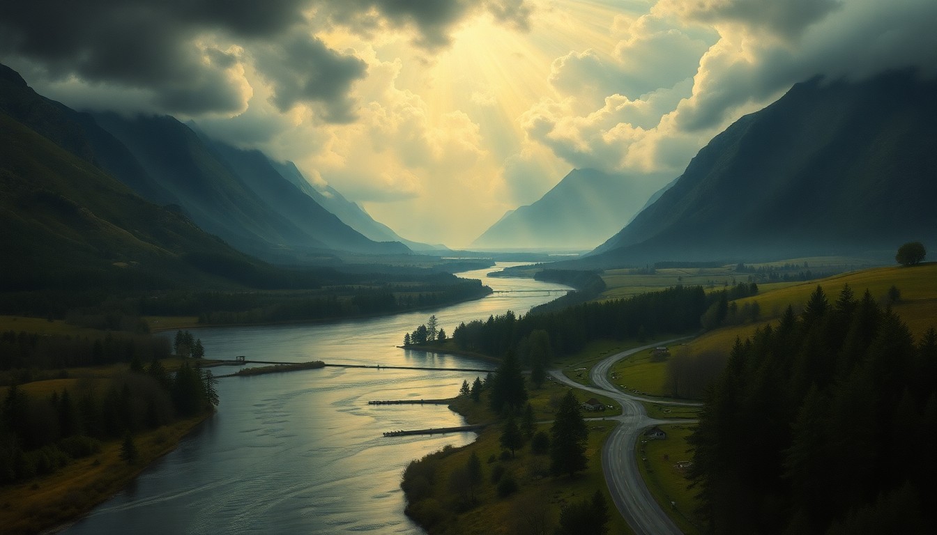 A vast, atmospheric landscape painting depicting a flooded rural scene, with the swollen Killbuck Creek cutting through the frame and dwarfing any visible roads or structures, conveying the overwhelming scale and power of the natural disaster.