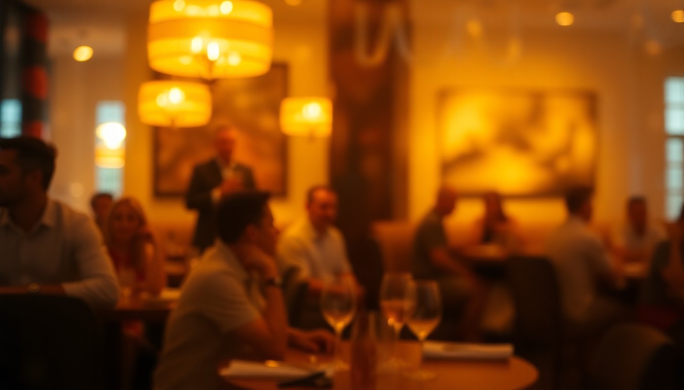An abstract, out-of-focus scene of people dining at an upscale restaurant, with warm, soft pools of light and color, conceptually representing the new Cooper's Hawk location opening in Delray Beach.