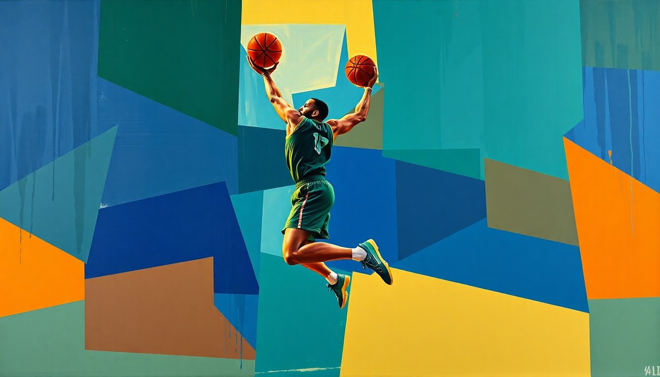 A fragmented, geometric painting depicting a basketball player in mid-jump shot, their form broken down into sharp, overlapping planes of deep blue, forest green, and burnt orange, capturing the dynamic energy of the sport.
