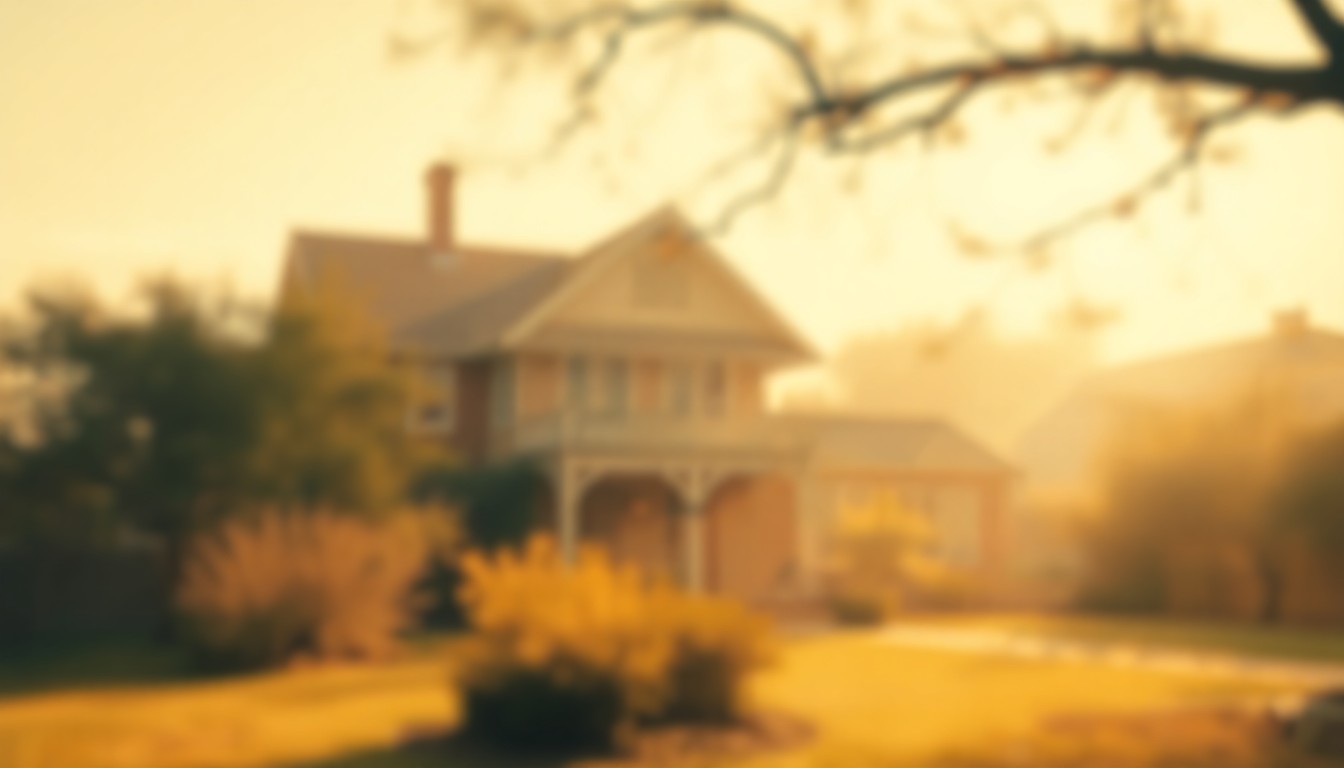 An abstract, out-of-focus photograph in warm, hazy tones depicting the blurred details of a historic home's architecture and surrounding landscape, conveying the atmospheric mood and timeless quality of Austin's historic neighborhoods.