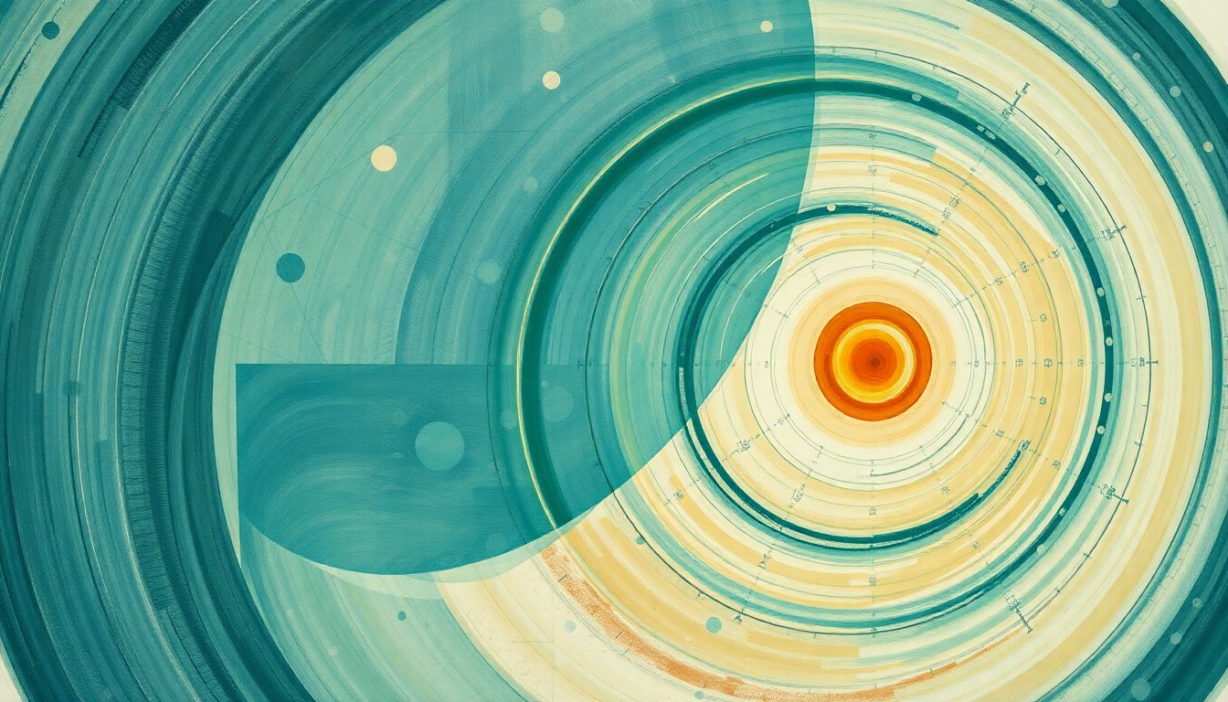 An abstract painting in the style of Hilma af Klint, featuring sweeping geometric arcs, concentric circles, and precise spirals in earthy tones of blue, green, and orange against a clean white background, representing the complex forces and concepts of space exploration.