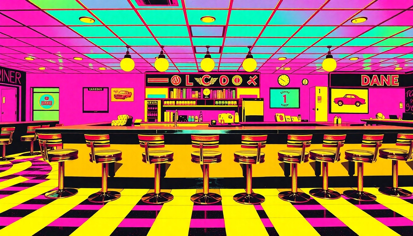 A brightly colored, high-contrast silkscreen print of a vintage diner counter with stools, repeated in a tight grid pattern, conceptually representing the historic significance and community spirit of Pearlie's Restaurant.