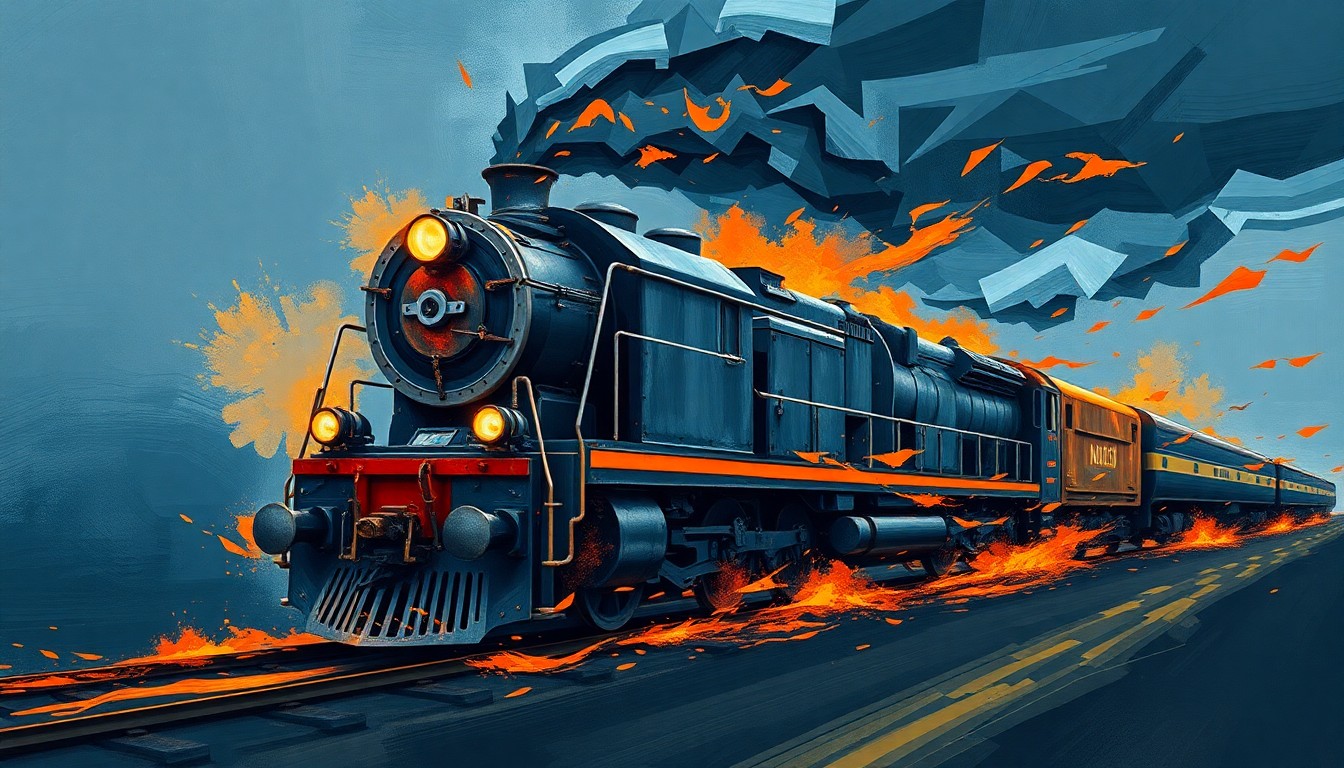 A dynamic, abstract painting of a train locomotive in motion, with overlapping geometric shapes and waves of dark blue, steel gray, and fiery orange, conveying a sense of speed and fractured energy.