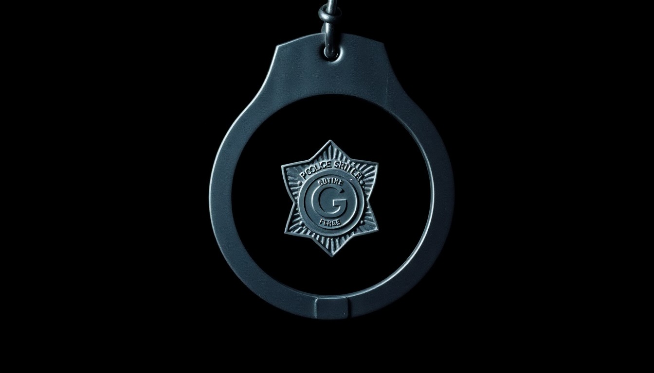 An extreme close-up photograph of a police badge or handcuff, sharply lit by a direct flash against a dark background, conveying the serious, investigative nature of the incident.