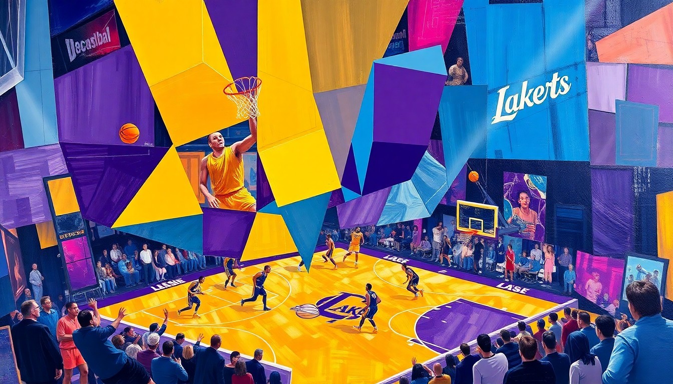 A cubist, geometric painting depicting a Lakers basketball game, with sharp, overlapping planes of color representing the team's energy and movement on the court.