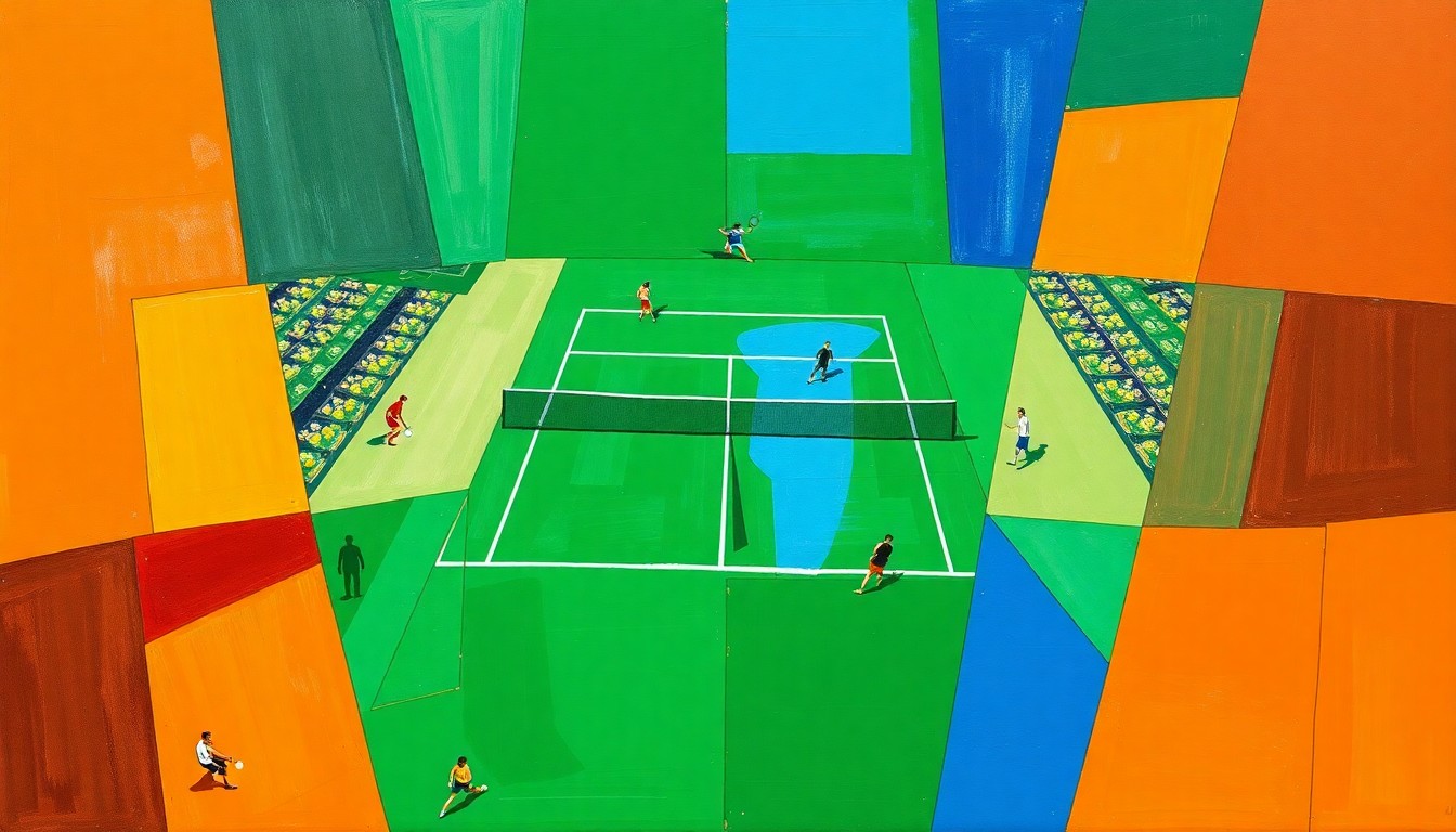 A cubist, geometric painting depicting a fragmented tennis match, with overlapping planes of bright green, royal blue, and burnt orange creating a dynamic, abstract composition.