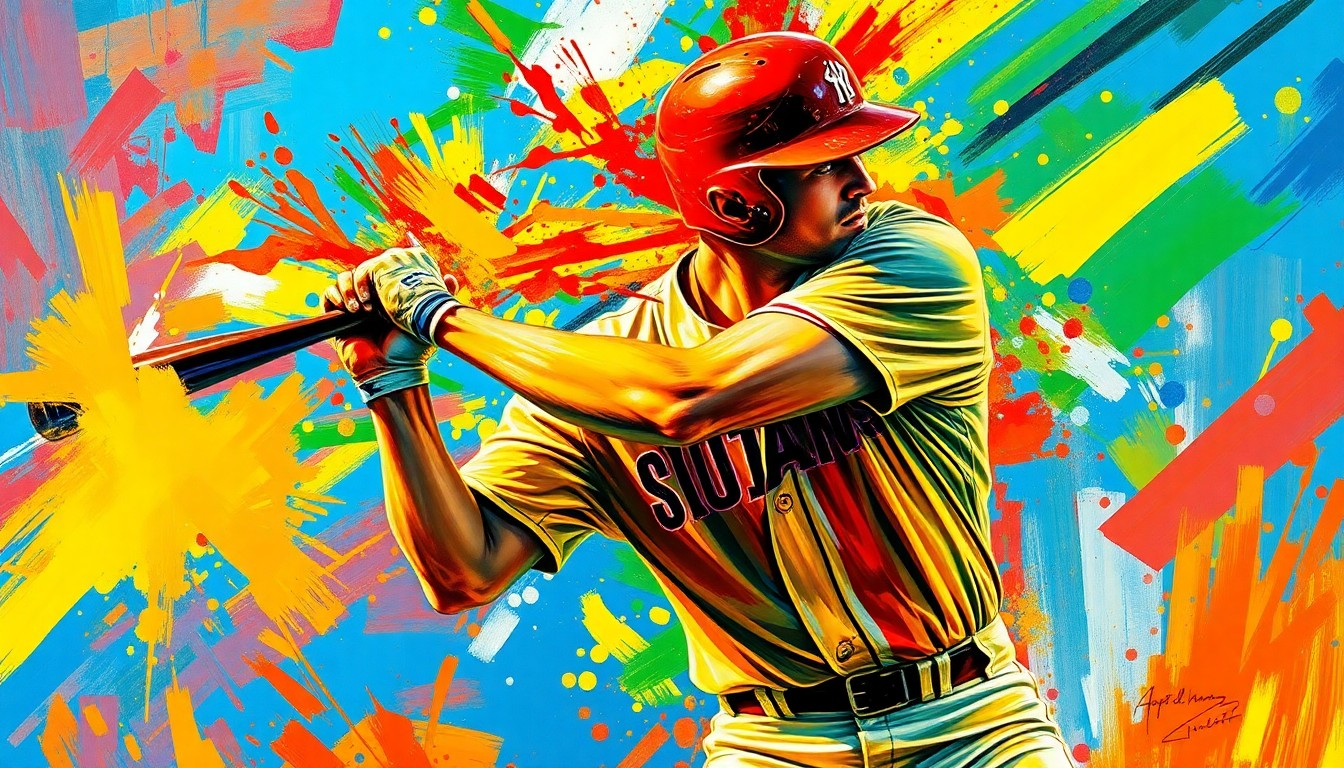 An abstract expressionist painting in vibrant neon colors, capturing the explosive power and energy of a baseball player mid-swing, with the batter's face and uniform details dissolving into a blur of brushstrokes.