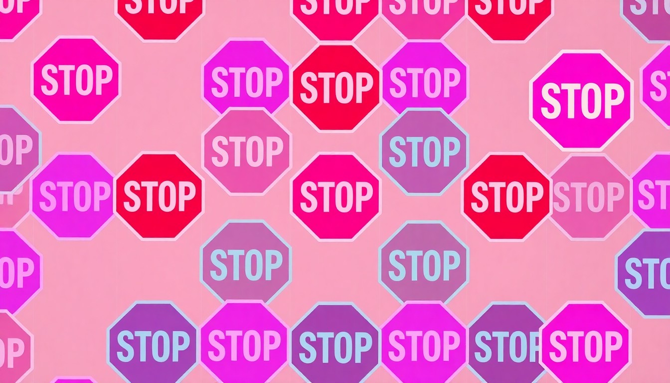 A high-contrast, silkscreen-style illustration featuring a stop sign icon repeated in a grid pattern, rendered in a bold, neon color palette to conceptually represent the repeated disregard for traffic laws at this location.