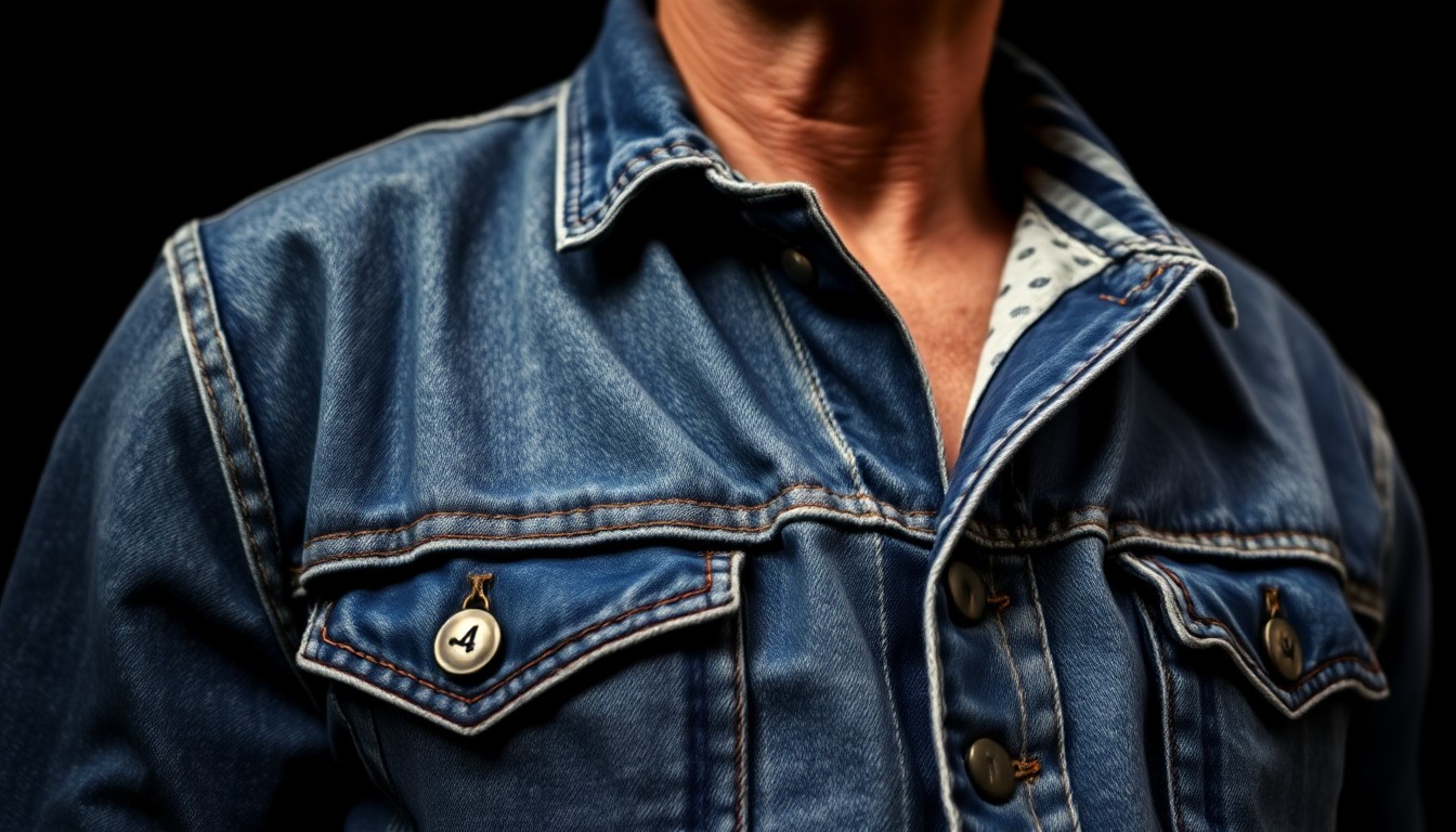 An extreme close-up photograph of the worn, textured denim fabric of Bruce Springsteen's iconic jacket, captured in a dramatic, high-fashion style with dramatic lighting and shadows.