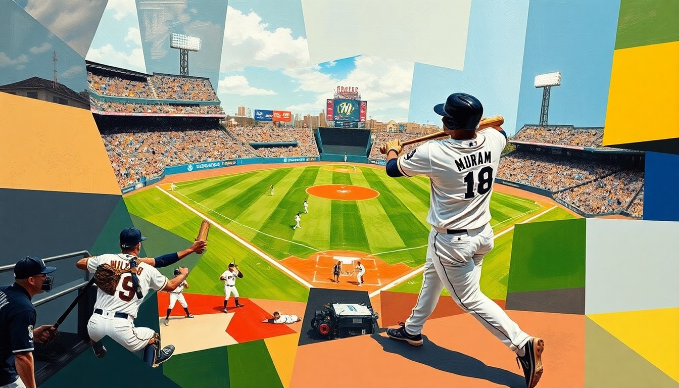 A fragmented, geometric painting depicting a baseball player hitting a home run, with sharp, overlapping shapes and planes representing the dynamic action of the sport.