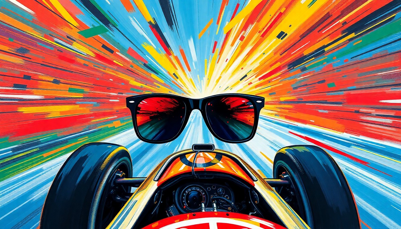 An abstract, expressionist painting in neon colors depicting the movement and energy of a Formula 1 race, with a pair of Ray-Ban Wayfarer sunglasses as the central focus, conceptually representing the accessible fashion statement made by the driver.