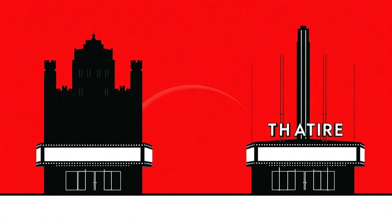 A conceptual illustration featuring bold, geometric black silhouettes representing the architectural elements of two theater buildings, set against a high-contrast background of deep red and bright white, conveying the idea of a merger between major performing arts organizations.