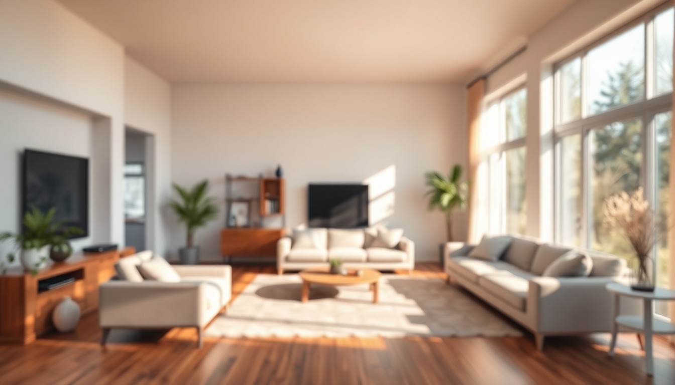 An extremely abstracted, out-of-focus photograph of a modern living room filled with soft, warm light and blurred details, conveying a sense of comfort and relaxation.
