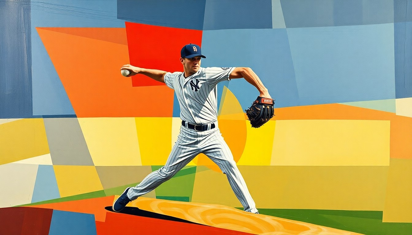 A cubist, geometric illustration depicting the various angles and planes of a pitcher's delivery, capturing the unique and dynamic motion of Eric Lauer on the mound.