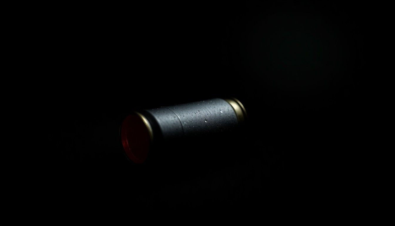 An extreme close-up photograph of a metallic pellet rifle shell casing against a pitch-black background, the harsh lighting creating dramatic shadows and textures to convey a serious, investigative mood around this crime-related object.