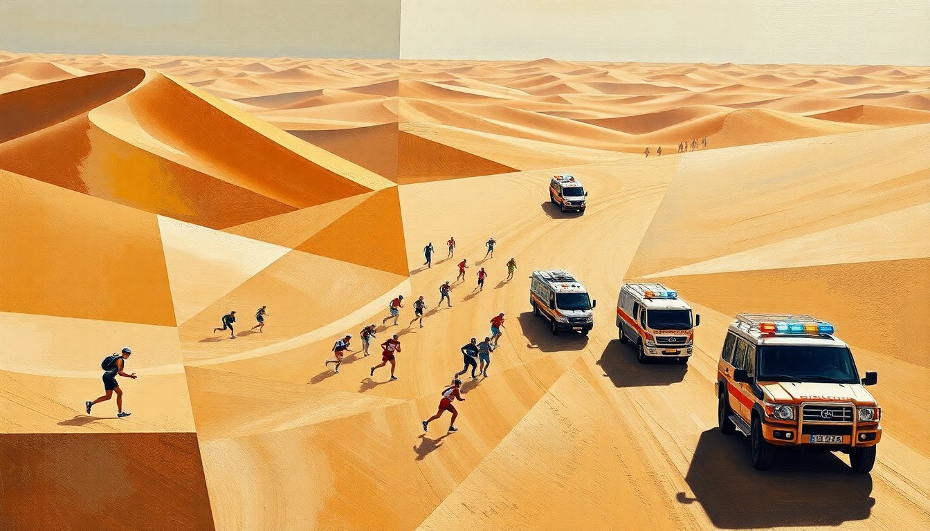 A cubist, geometric painting depicting a fragmented scene of a desert relay race, with overlapping planes of runners, emergency vehicles, and the arid landscape.