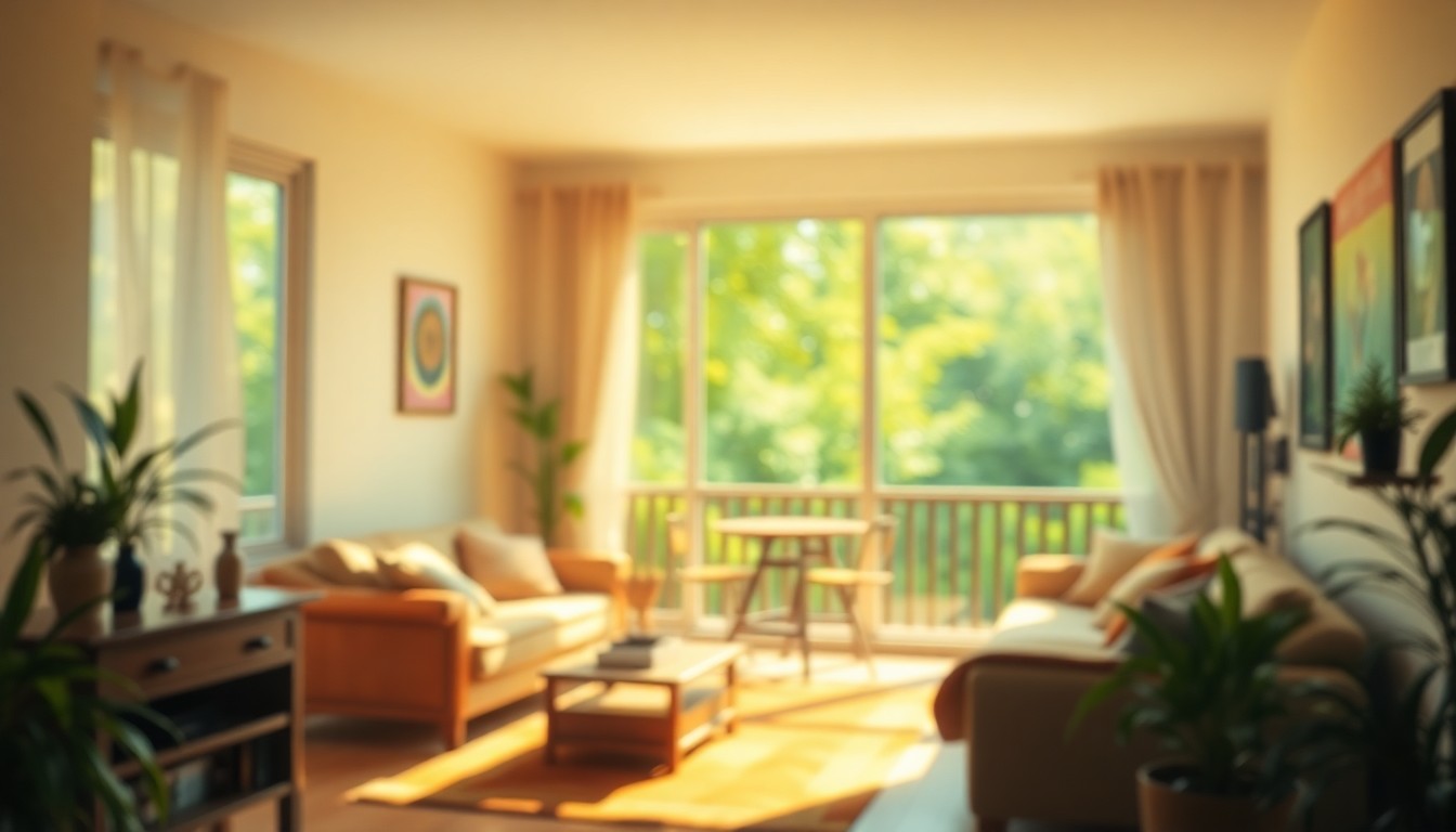 An extremely abstracted, out-of-focus photograph in soft pools of warm light and color, depicting a cozy, sun-filled living room with a view of a lush, green outdoor space.